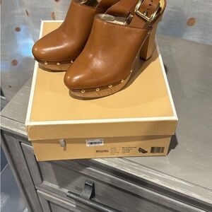 Michael Kors Tan Leather Mules with Gold Accents